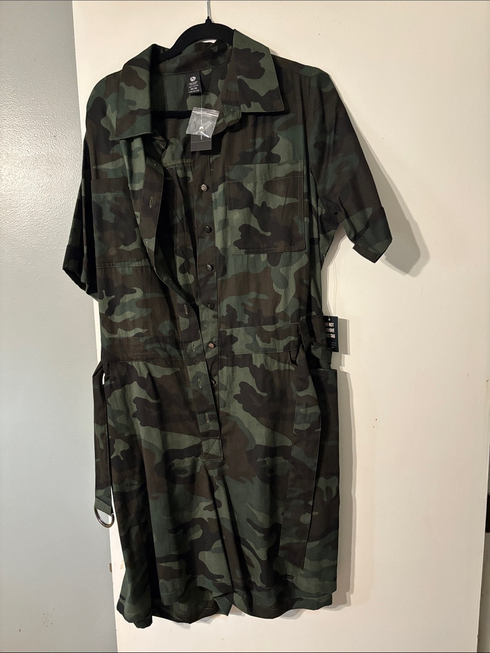 Ashley Stewart Camo Belted Button-Up Romper- Olive & Dark Green